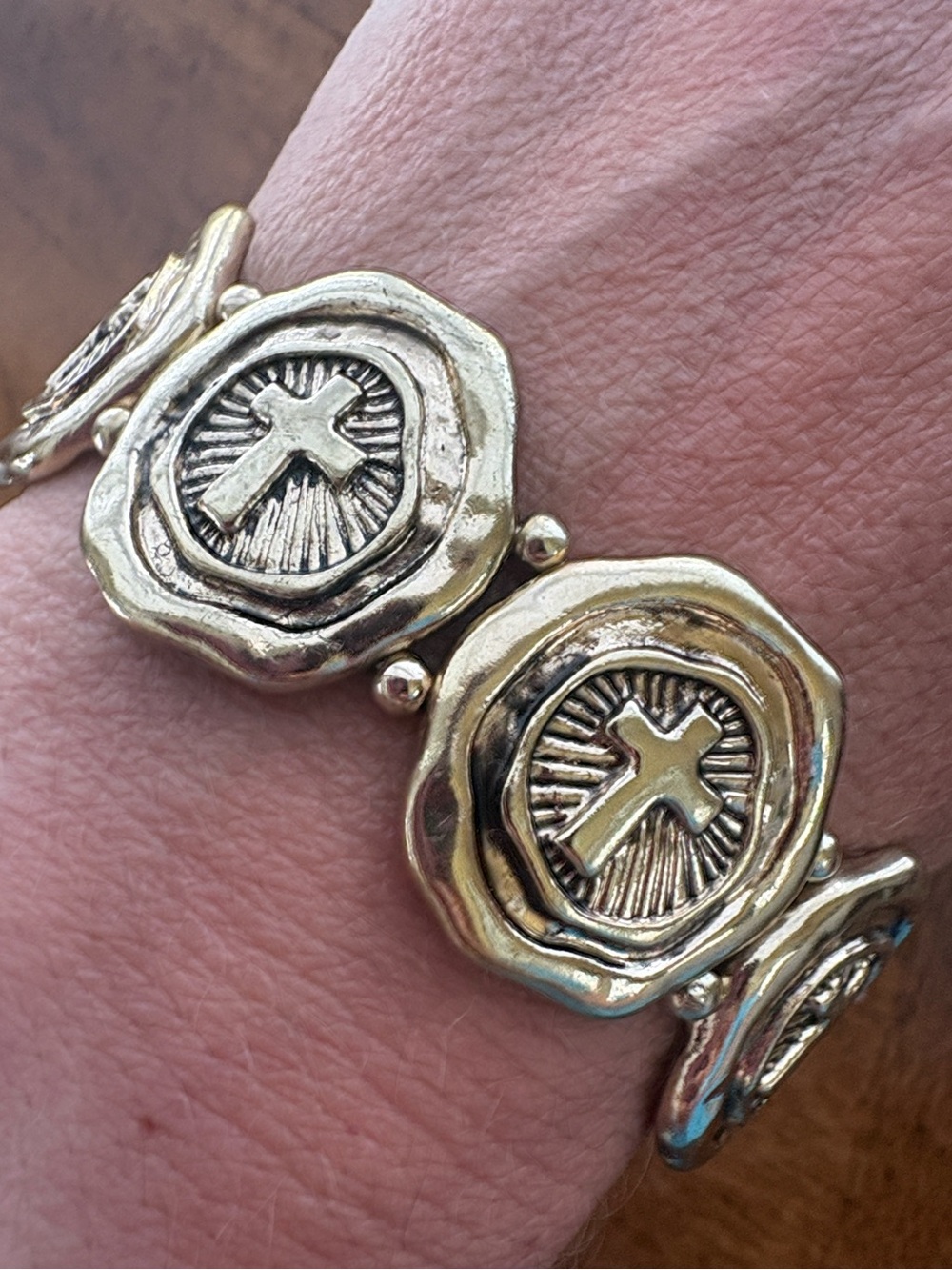 Gold Tone Cross Medallion Statement Stretch Bracelet Religious stretchy Julie